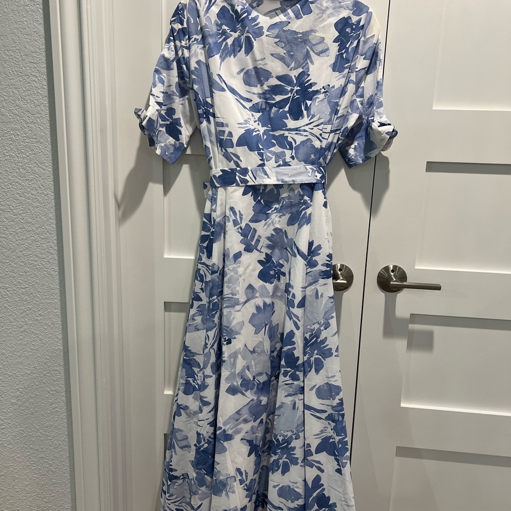 Calvin Klein Blue and White Floral Midi Shirt Dress - Picture 4 of 6